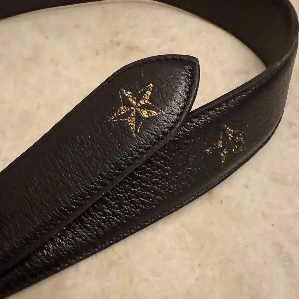 Men's Gucci Bees & Stars Black Leather Belt with Brass Buckle